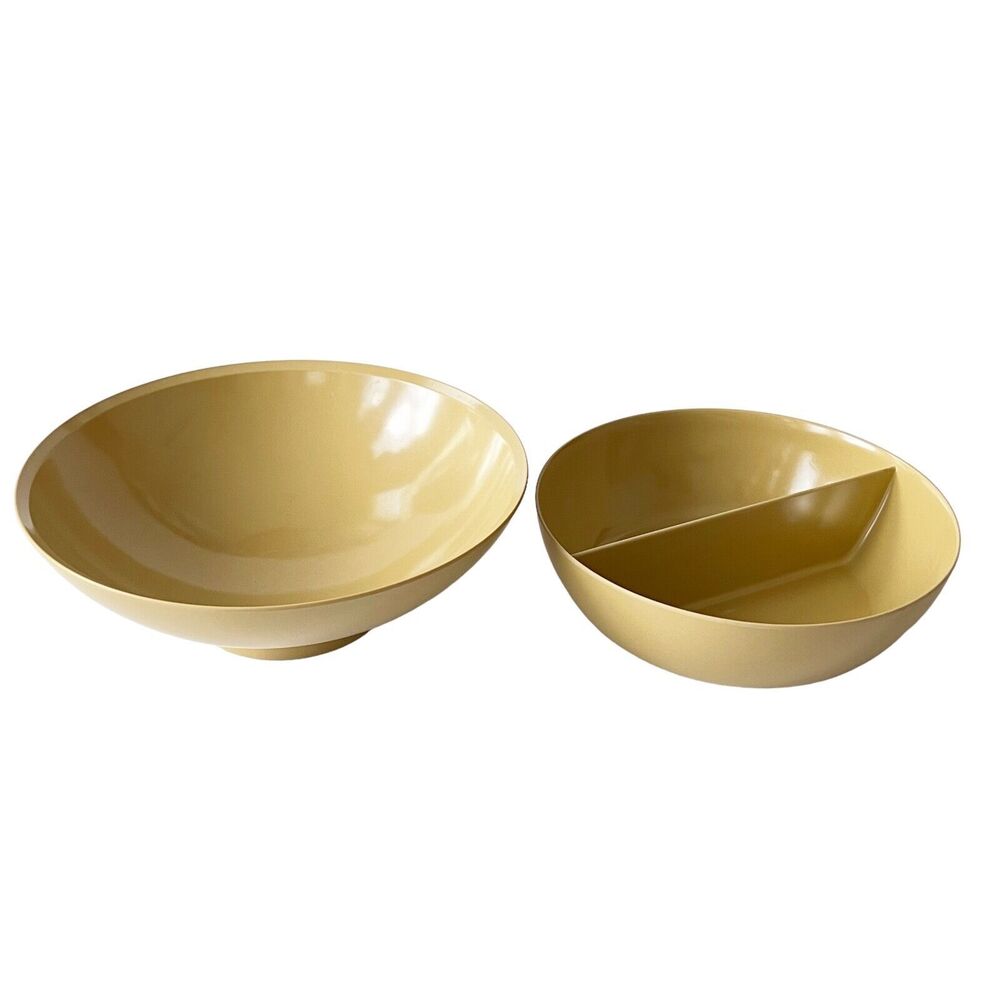 2 Vtg Boonton Melmac Serving Bowls Divided 8214-8 & Footed 3604 Mustard Yellow